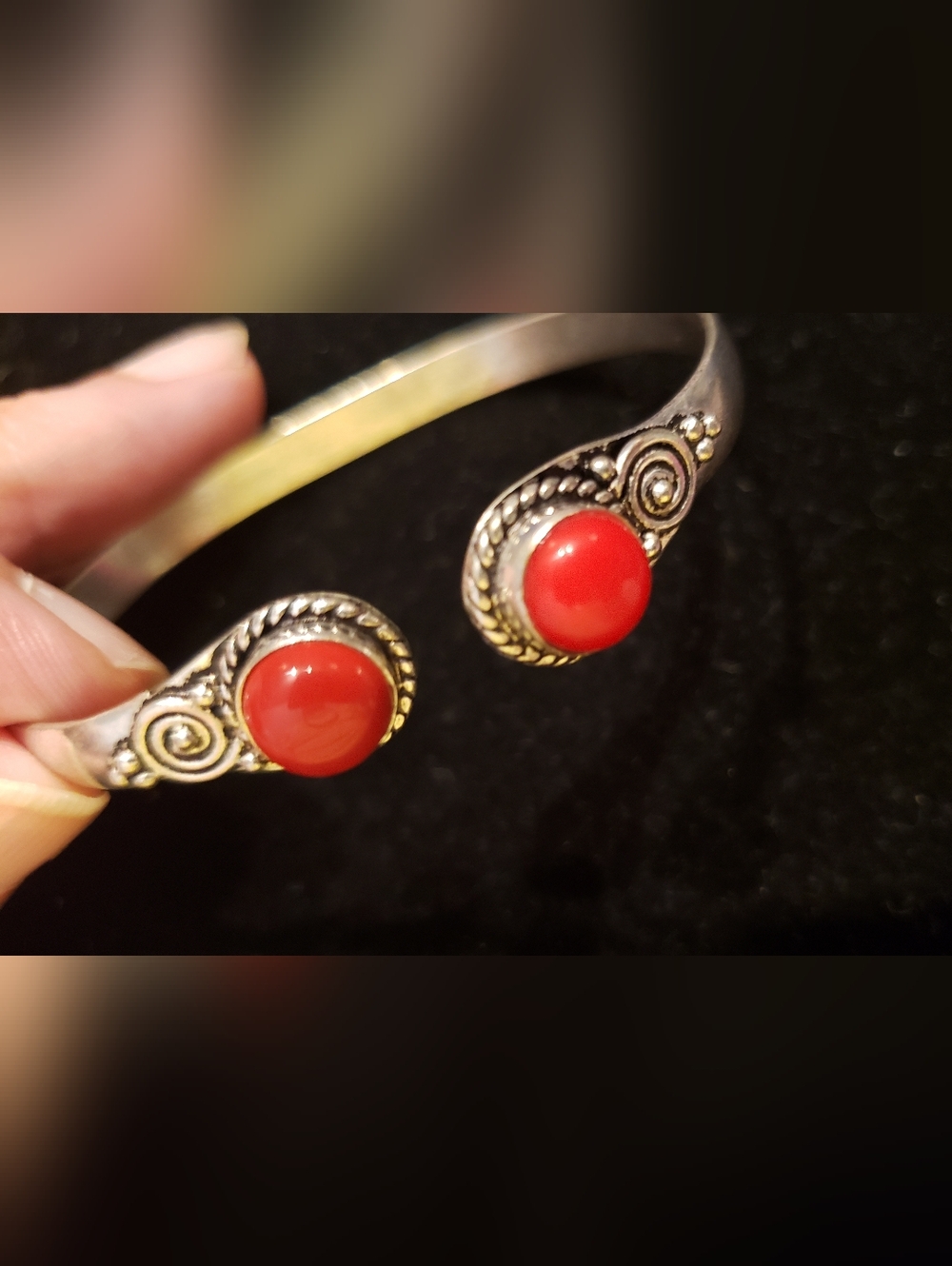 Red Coral & Silver Plated Adjustable Bangle Bracelet.The Perfect Red! Bundle It! - Picture 3 of 5